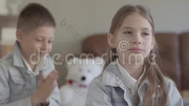 肖像可爱的孪生兄弟淘气的男孩在舒适的客厅里拉着他可爱的妹妹的头发，微笑着